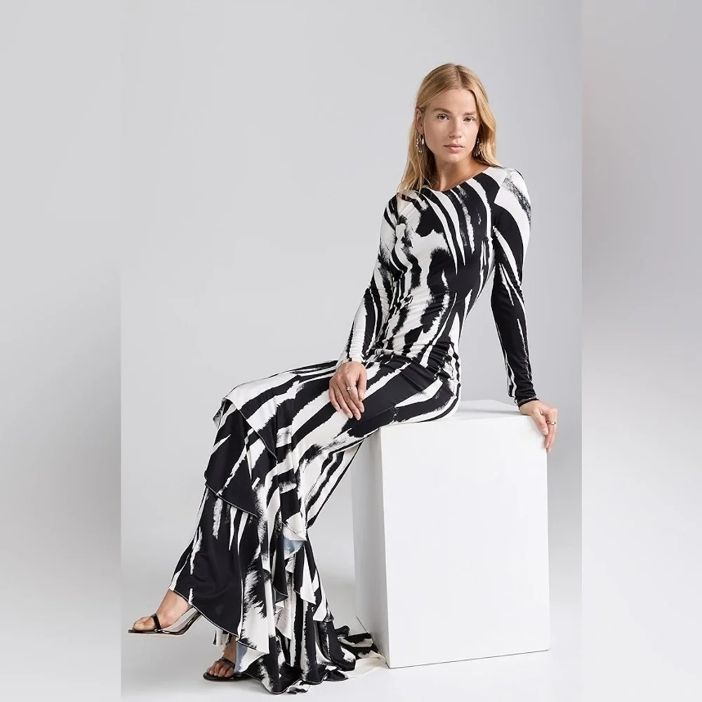 NEW Retrofete Sara Dress in Zebra Ink Open Back Ruffle Mermaid Hem Maxi Gown - Picture 2 of 14